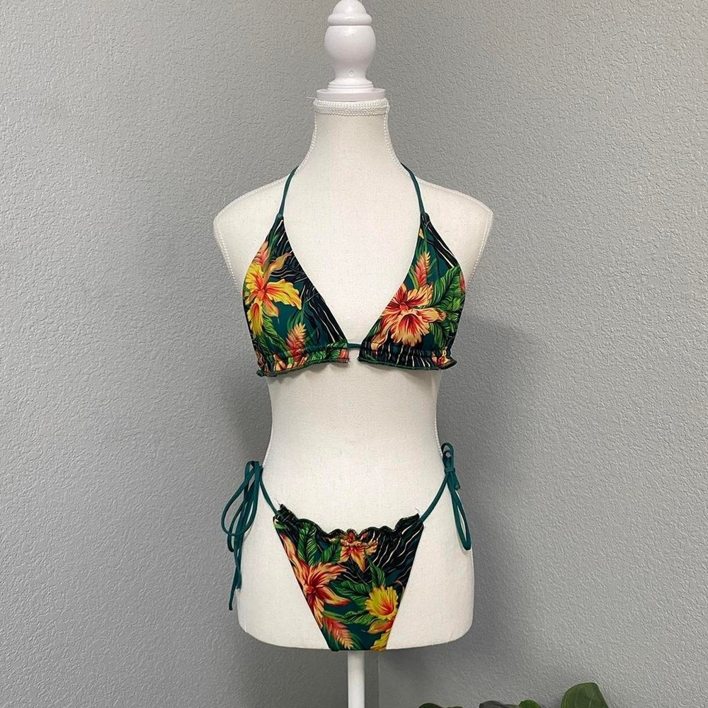 🆕 MAPALE WILD BLOOM GREEN ANIMAL PRINT FLORAL STRING TWO PIECE BIKINI SUMMER